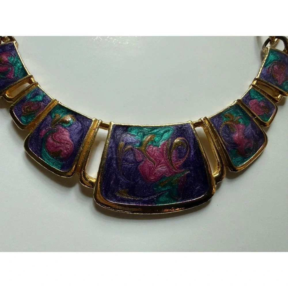 Vintage 80s Statement Tie Dye Necklace And Matching Earrings‎ Gold Tone Rainbow